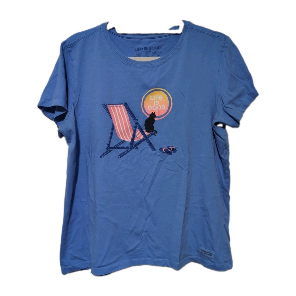 Life Is Good Crusher Cat Sun Beach Graphic T Shirt Blue Womens Large L